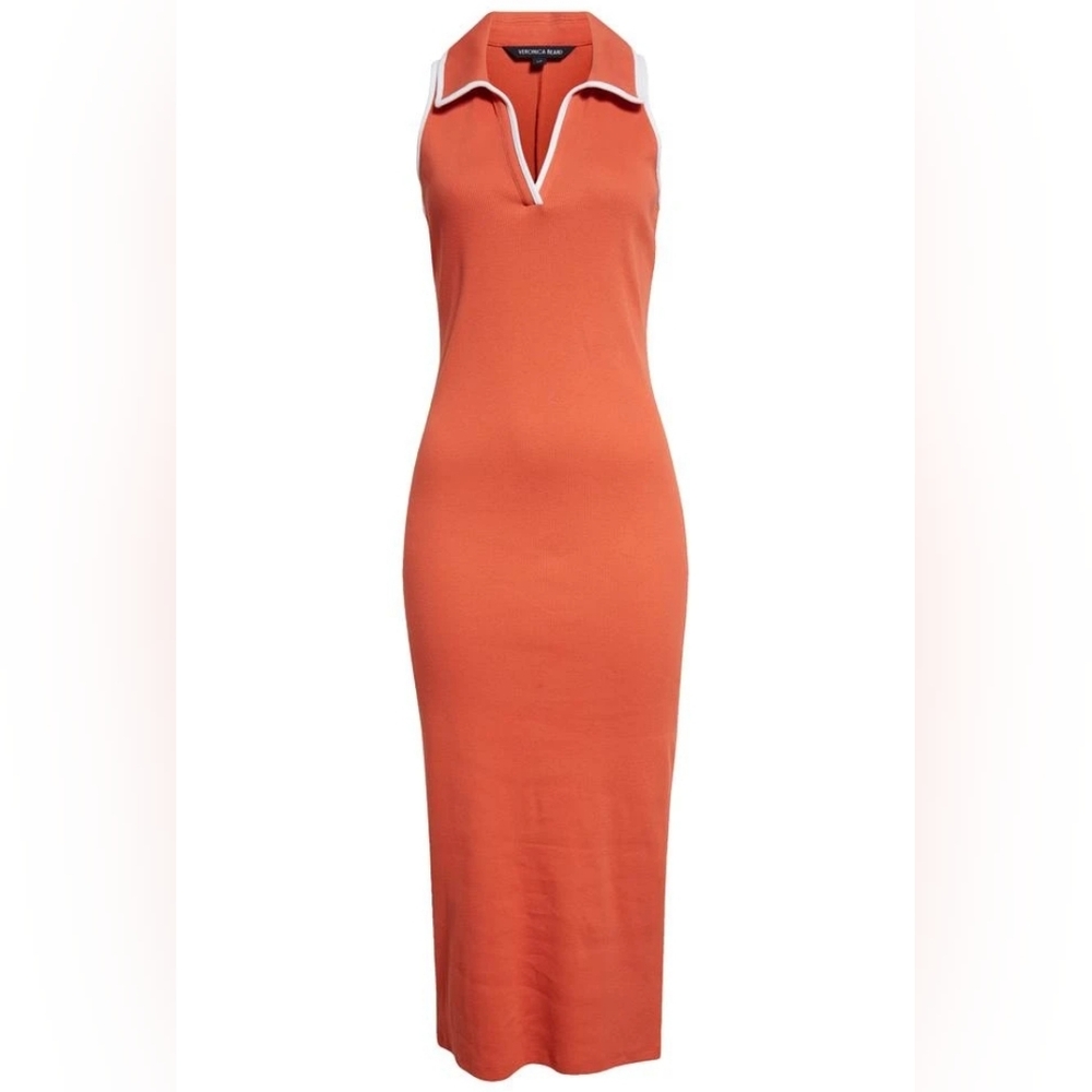 Veronica Beard Darien Stretch Cotton Sleeveless Midi Dress V-neck XXS Orange NWT